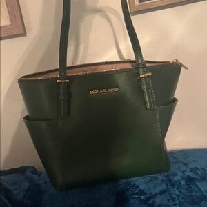 Michael Kors Dark Green Leather Tote with Gold Hardware